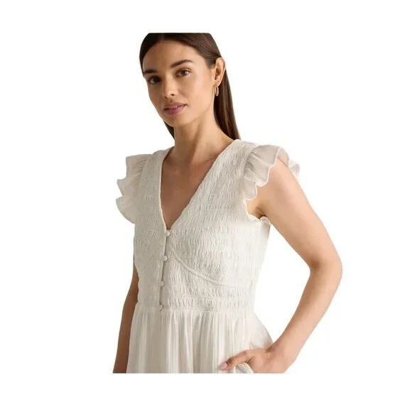 Quince Organic Textured Cotton Smocked V-Neck Midi Dress White S New Anthro